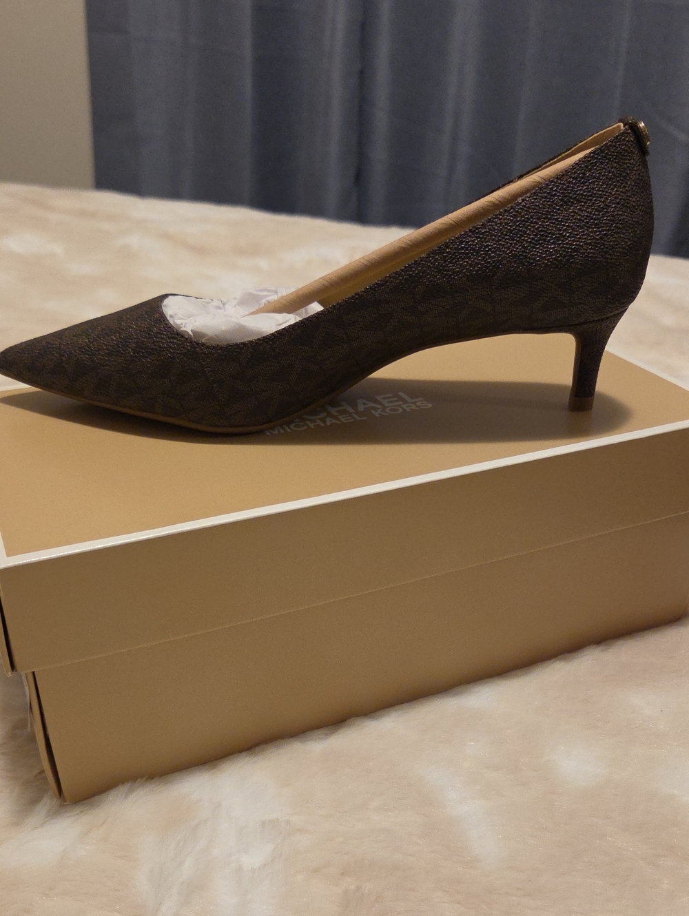 Michael Kors Dark Brown Logo-Print Pointed Kitten Heel Pump